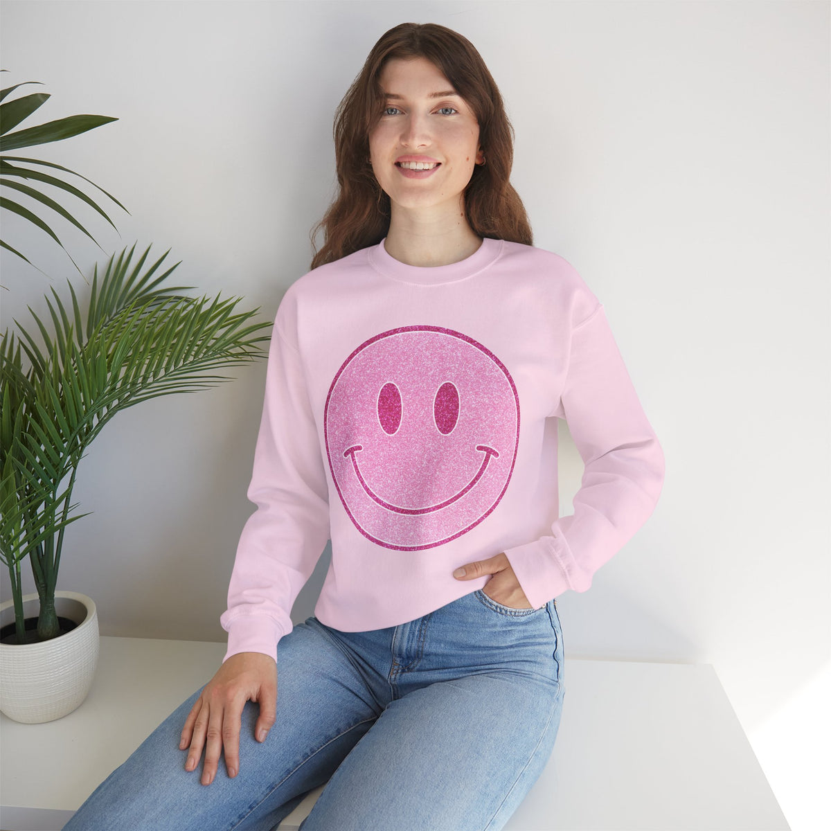 Glitter Smiley – Gildan Heavy Blend | Trendy Women’s Soft Sweatshirt. Direct to Garment. Printed & Shipped in the USA. Unisex Sizes.