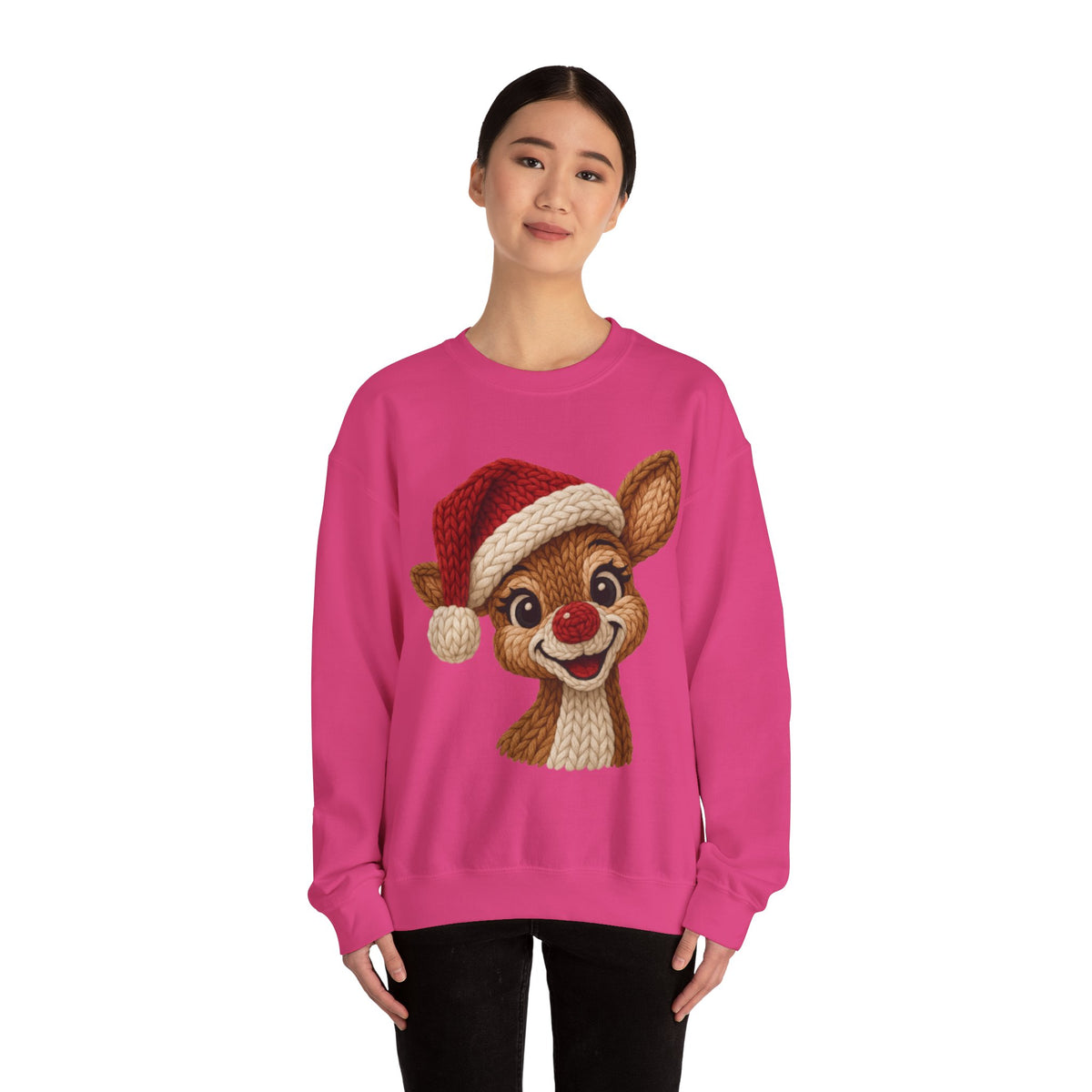 Cute Rudolph Faux Knit Look Reindeer w/Santa Hat – Gildan Heavy Blend | Trendy Women’s Soft Sweatshirt. Direct to Garment. Printed & Shipped in the USA. Unisex Sizes.