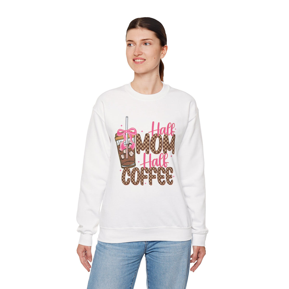 Half Mom Half Coffee, Cute Leopard Print Coffee Design – Gildan Heavy Blend | Trendy Women’s Soft Sweatshirt. Direct to Garment. Printed & Shipped in the USA. Unisex Sizes.