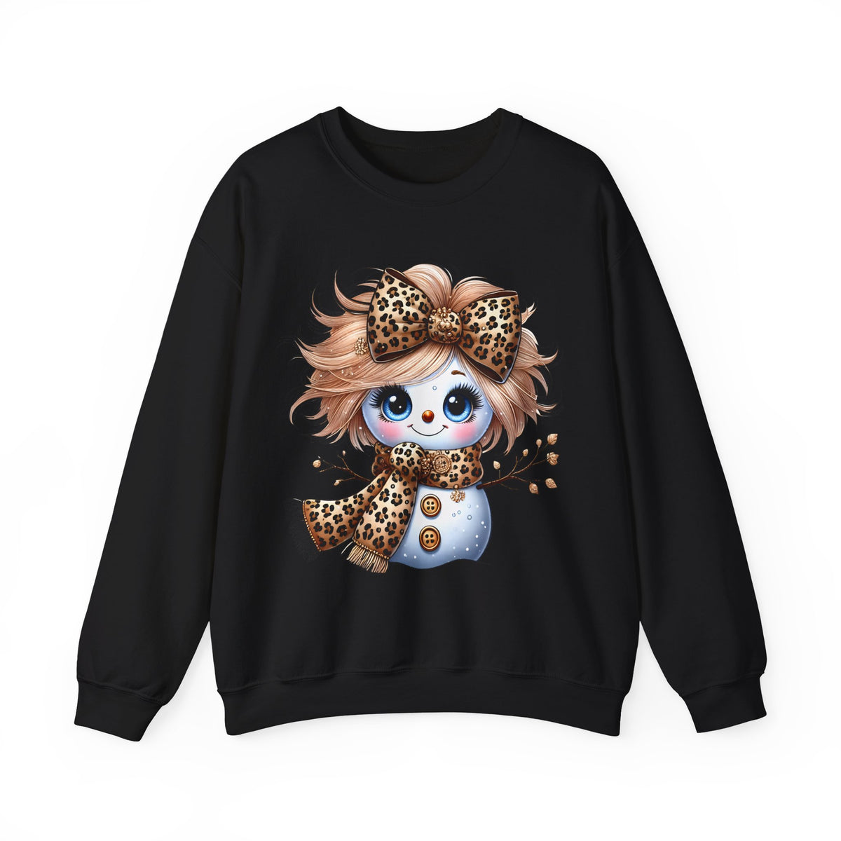 Snowgirl Cute Leopard Bow Snowman, Winter Cozy – Gildan Heavy Blend | Trendy Women’s Soft Sweatshirt. Direct to Garment. Printed & Shipped in the USA. Unisex Sizes.