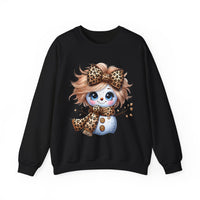 Snowgirl Cute Leopard Bow Snowman, Winter Cozy – Gildan Heavy Blend | Trendy Women’s Soft Sweatshirt. Direct to Garment. Printed & Shipped in the USA. Unisex Sizes.