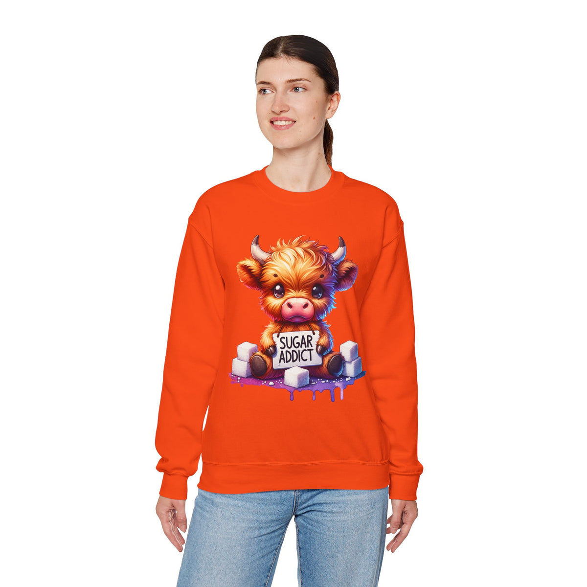 Sugar Addict Highland Cow – Gildan Heavy Blend | Trendy Women’s Soft Sweatshirt. Direct to Garment. Printed & Shipped in the USA. Unisex Sizes.