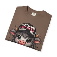 Cute Highland Cow 'Hot Mess' In Braids  - Comfort Colors | Trendy Women's T-Shirt. Direct to Garment. Printed & Shipped in the USA. Unisex Sizes.