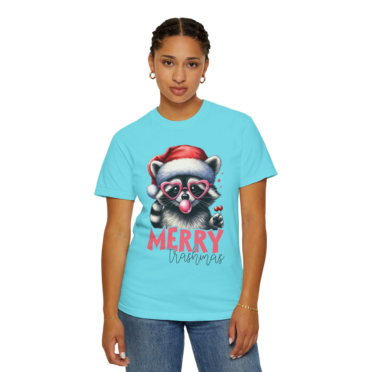 Merry Trashmas Bubblegum Raccoon w/Santa Hat Christmas - Comfort Colors | Trendy Women's T-Shirt. Direct to Garment. Printed & Shipped in the USA. Unisex Sizes.