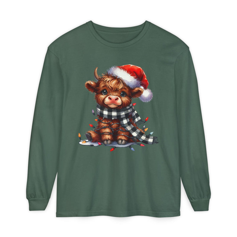 Cute Highland Cow Santa Hat Scarf Christmas Lights - Comfort Colors | Trendy Women's and Men's Long Sleeve T-Shirt. Direct to Garment. Printed & Shipped in the USA. Unisex Sizes.