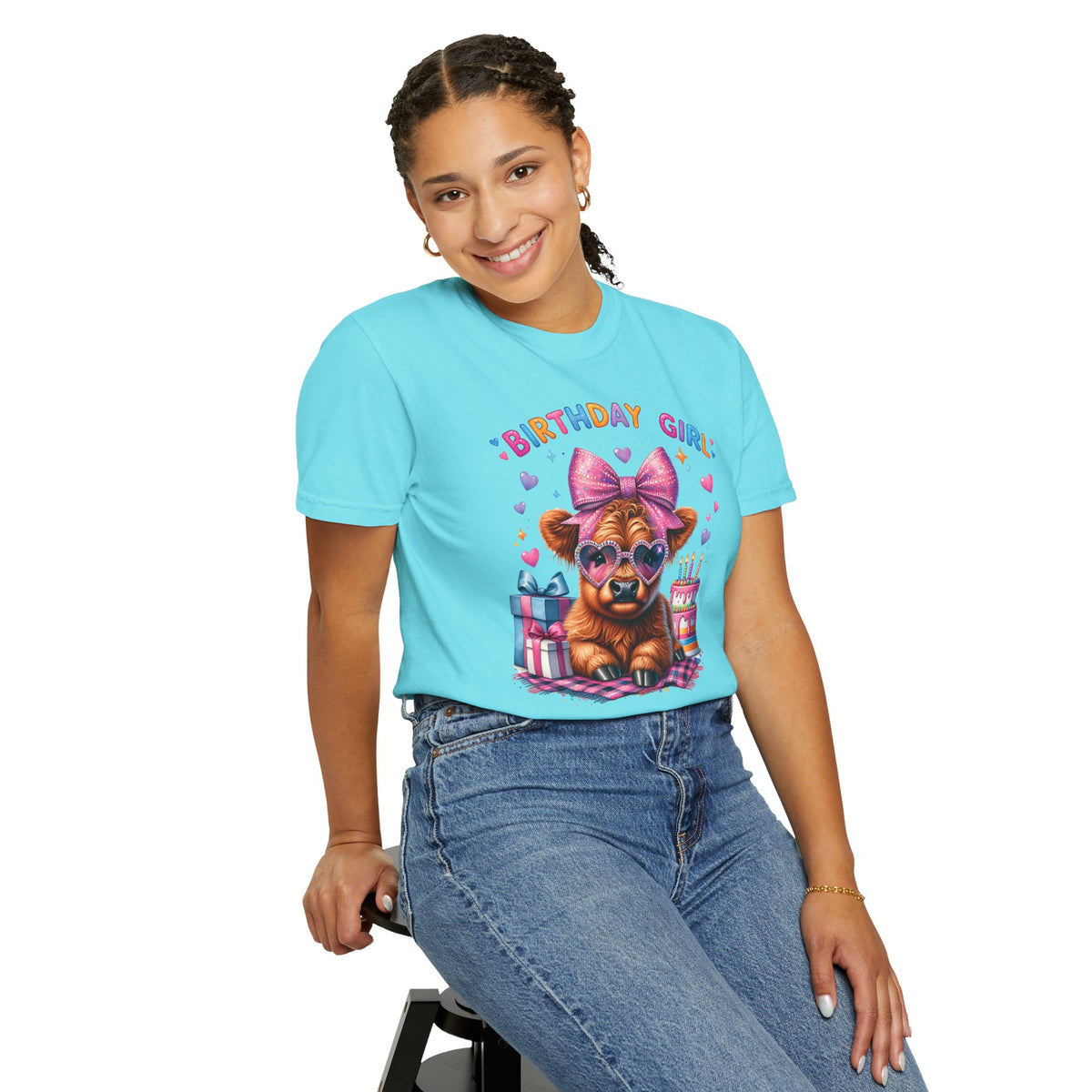 Birthday Girl, Highland Cow - Comfort Colors | Trendy Women's T-Shirt. Direct to Garment. Printed & Shipped in the USA. Unisex Sizes.