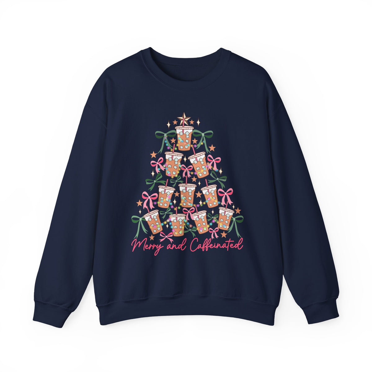 Merry and Caffeinated Iced Coffee Christmas Tree – Gildan Heavy Blend | Trendy Women’s Soft Sweatshirt. Direct to Garment. Printed & Shipped in the USA. Unisex Sizes.