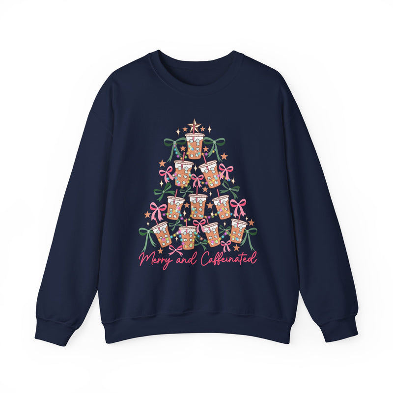 Merry and Caffeinated Iced Coffee Christmas Tree – Gildan Heavy Blend | Trendy Women’s Soft Sweatshirt. Direct to Garment. Printed & Shipped in the USA. Unisex Sizes.