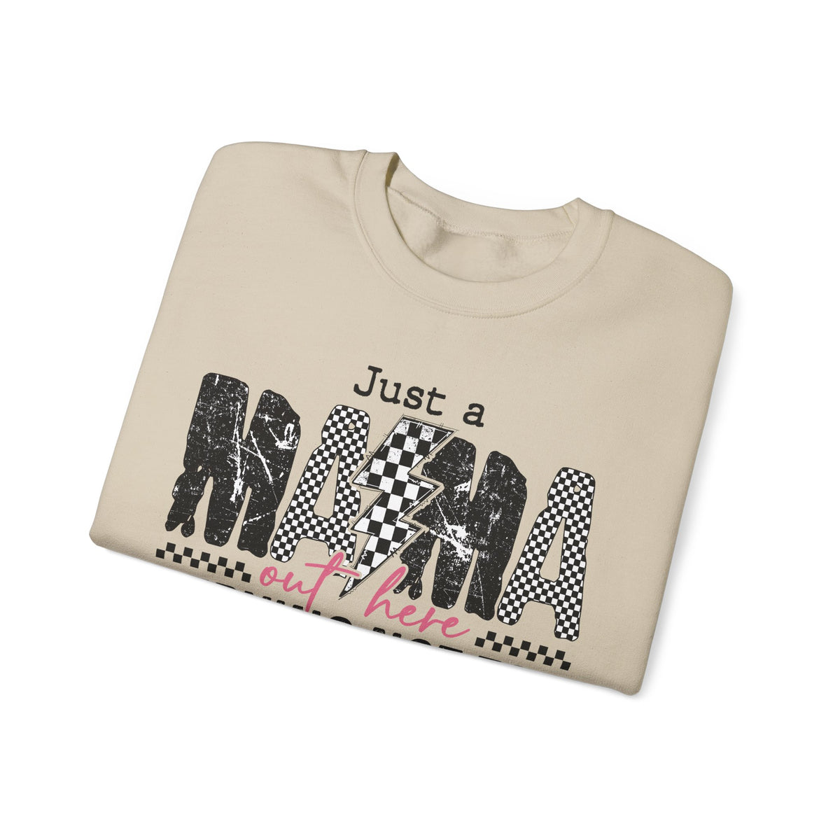 Just a Mama Out Here Trying Not To Raise Assholes – Gildan Heavy Blend | Trendy Women’s Soft Sweatshirt. Direct to Garment. Printed & Shipped in the USA. Unisex Sizes.