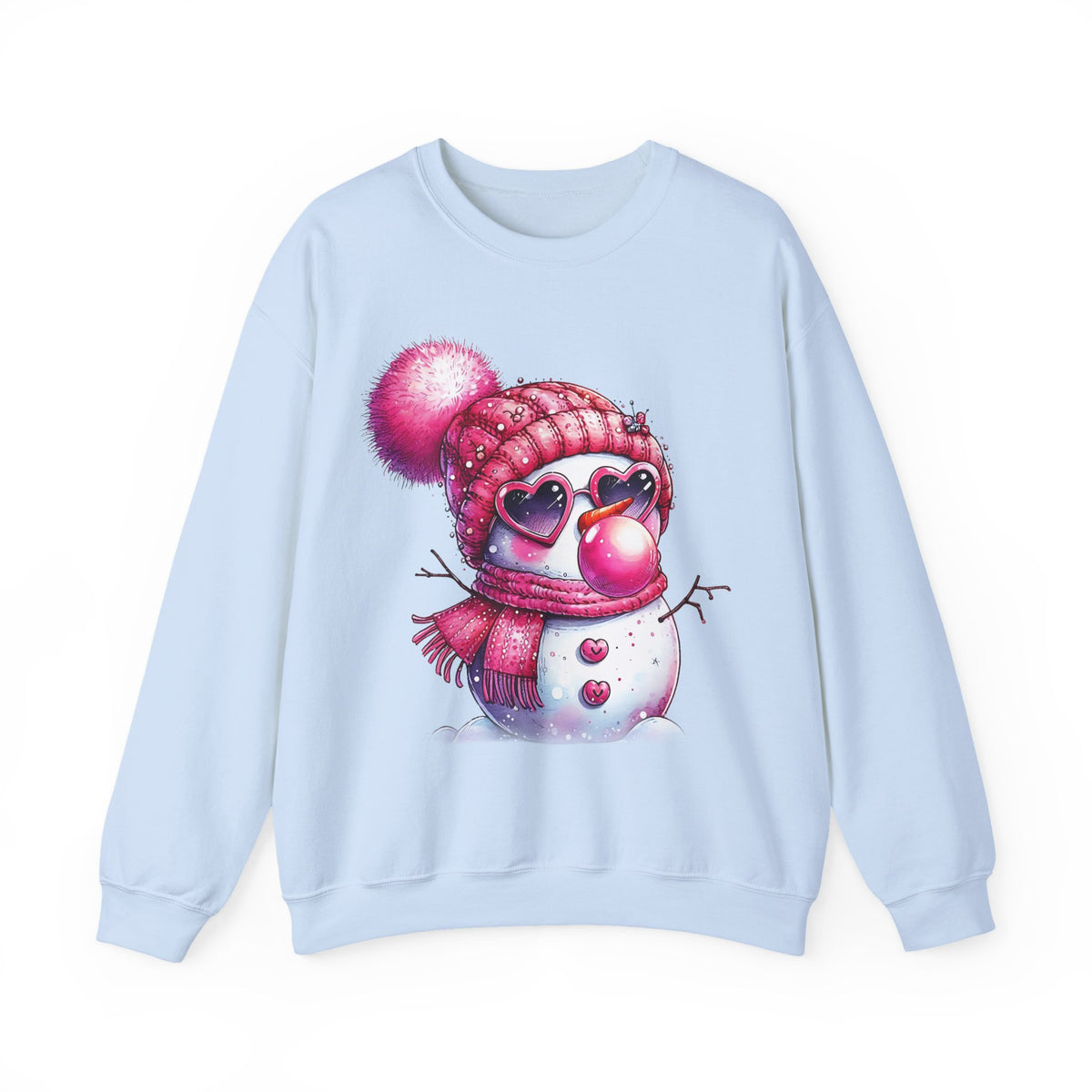 Pink Girly Snowman with Heart Sunglasses and Bubblegum Winter – Gildan Heavy Blend | Trendy Women’s Soft Sweatshirt. Direct to Garment. Printed & Shipped in the USA. Unisex Sizes.