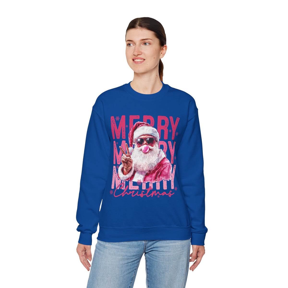 Pink Merry Christmas Bubblegum Santa – Gildan Heavy Blend | Trendy Women’s Soft Sweatshirt. Direct to Garment. Printed & Shipped in the USA. Unisex Sizes.