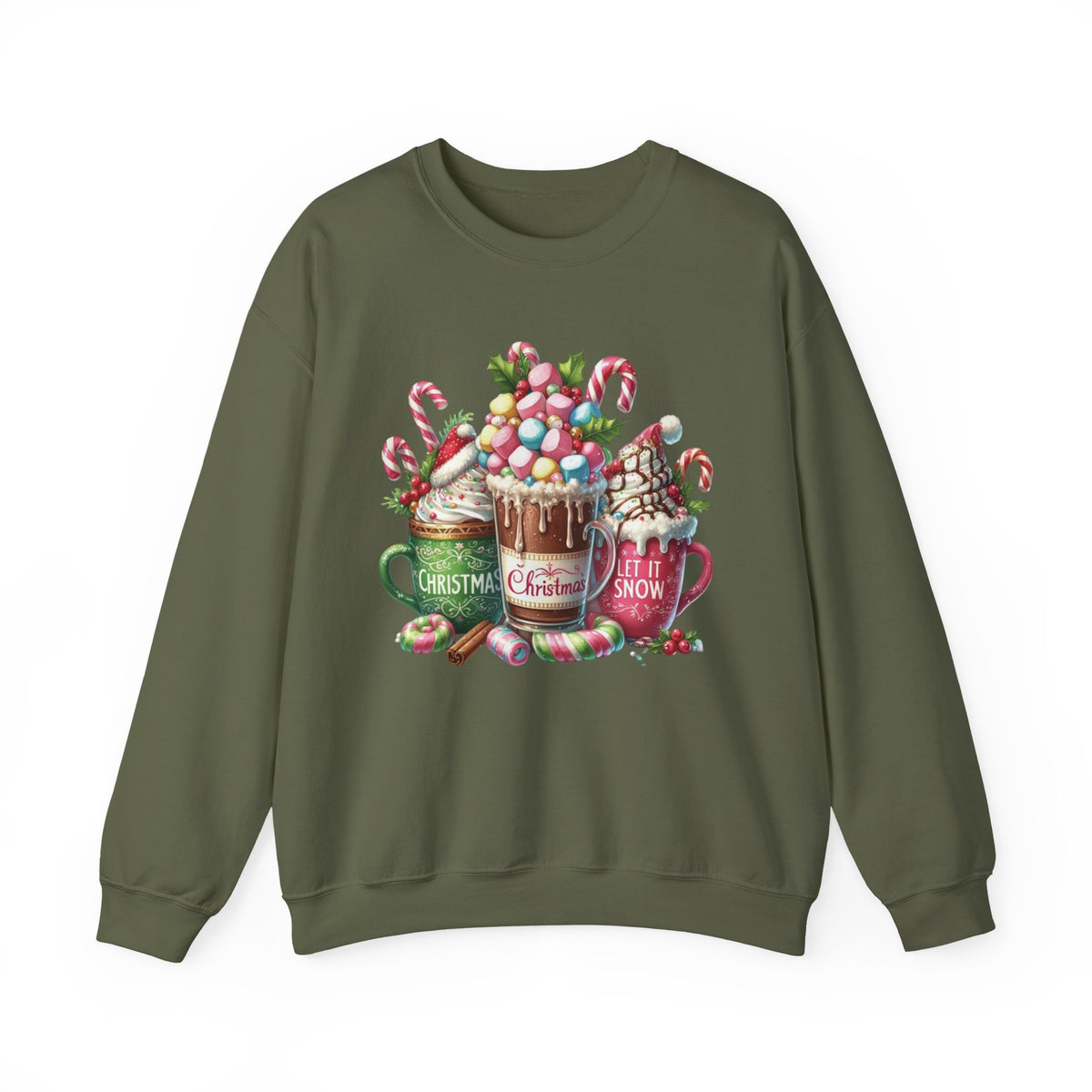 Hot Chocolate Mugs Christmas Hot Cocoa – Gildan Heavy Blend | Trendy Women’s Soft Sweatshirt. Direct to Garment. Printed & Shipped in the USA. Unisex Sizes.