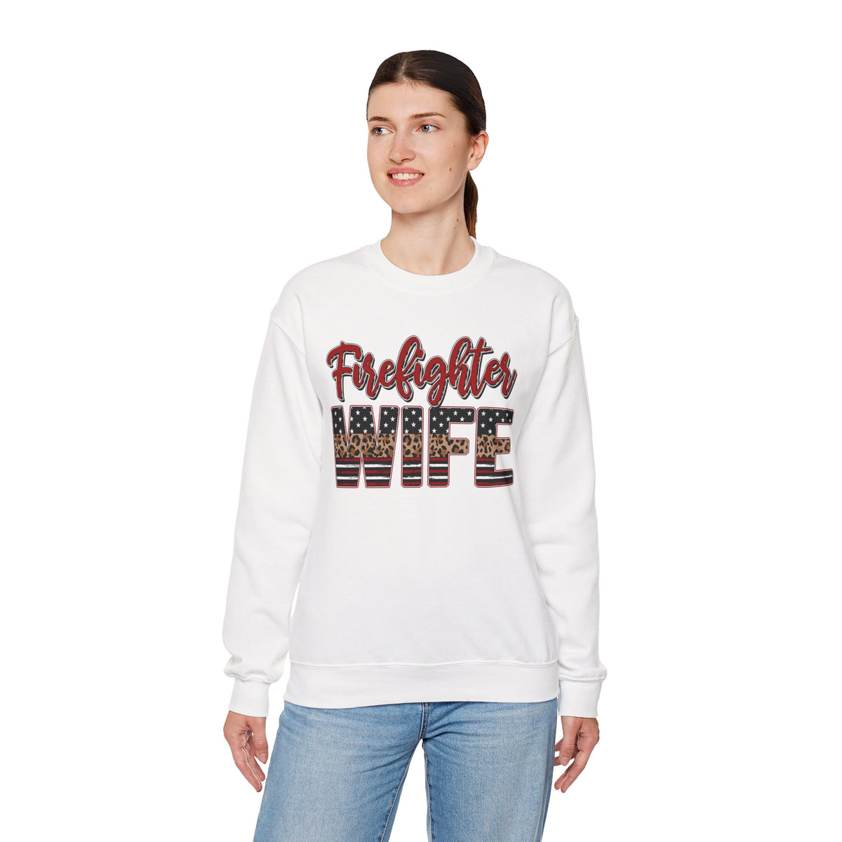 Firefighter Wife Patriotic Flag Lettering for Firefighter Spouse – Gildan Heavy Blend | Trendy Women’s Soft Sweatshirt. Direct to Garment. Printed & Shipped in the USA. Unisex Sizes.