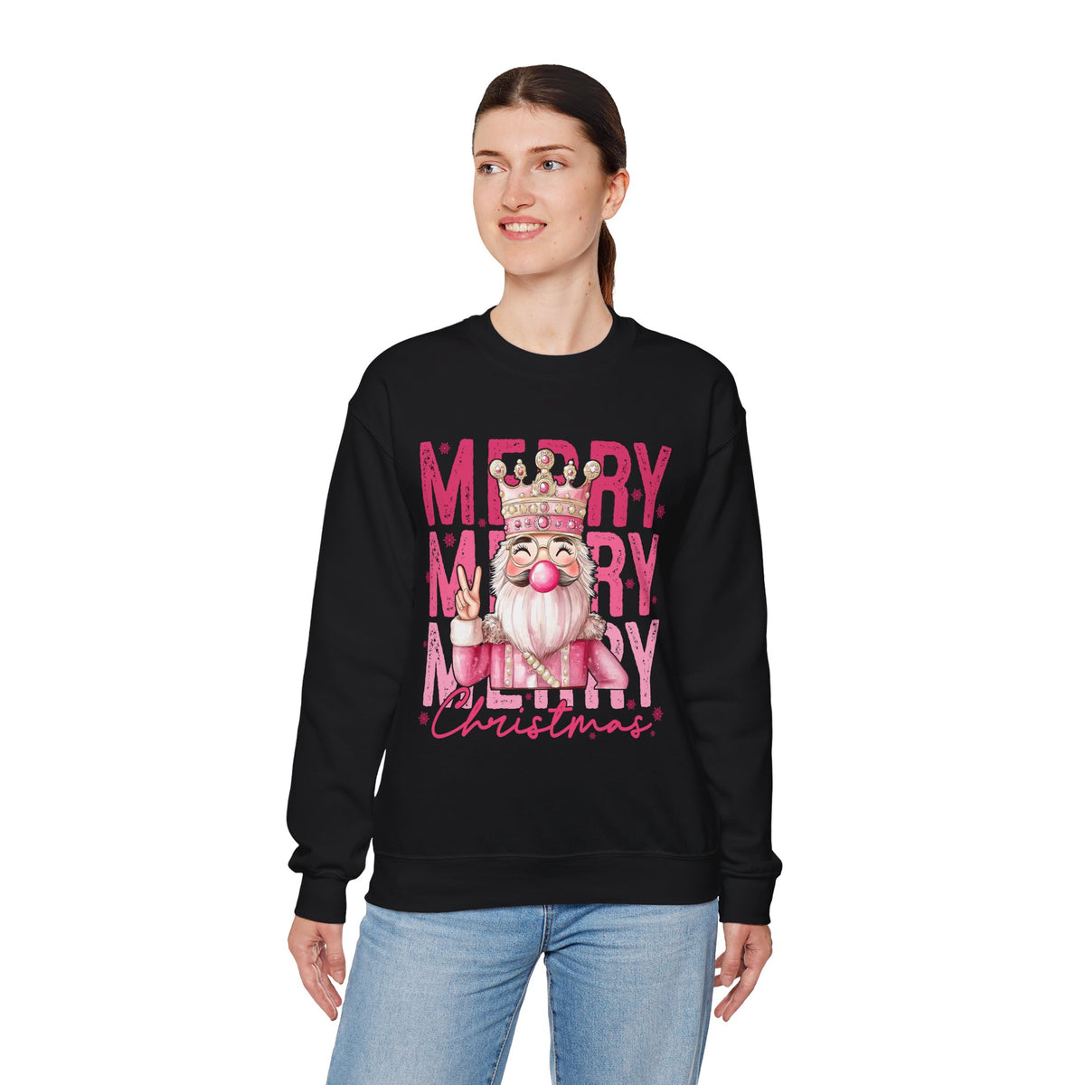 Merry Christmas - Cute Pink Bubblegum Nutcracker – Gildan Heavy Blend | Trendy Women’s Soft Sweatshirt. Direct to Garment. Printed & Shipped in the USA. Unisex Sizes.