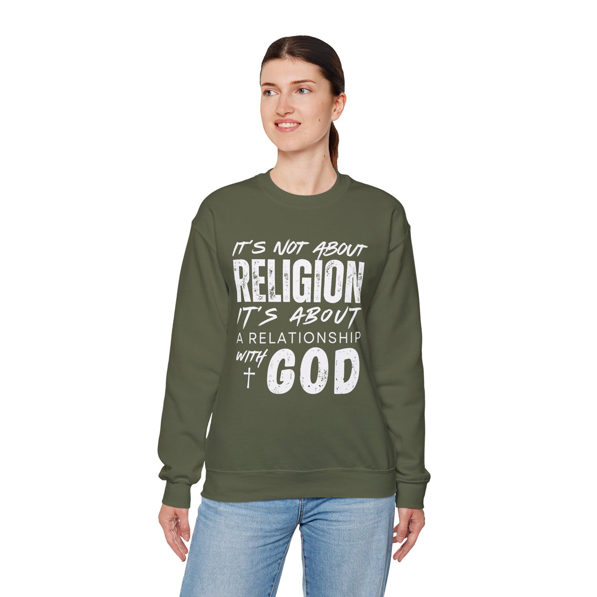 It's Not About Religion, It's About a Relationship with God – Gildan Heavy Blend | Trendy Men's and Women’s Soft Sweatshirt. Direct to Garment. Printed & Shipped in the USA. Unisex Sizes.