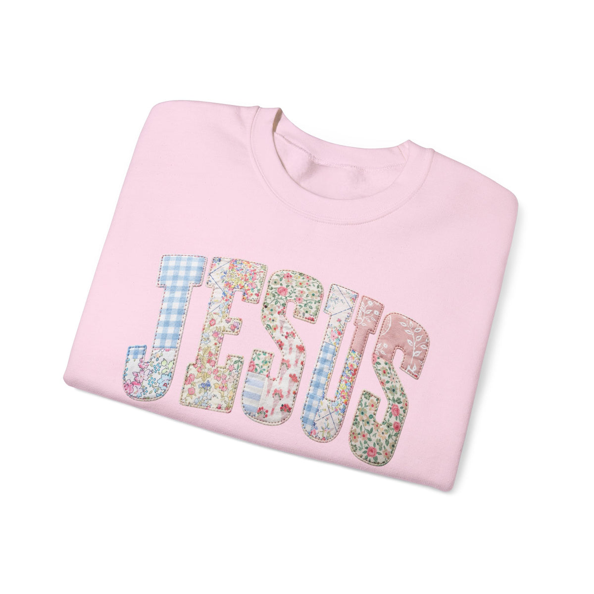 Jesus faux Patchwork – Gildan Heavy Blend | Trendy Women’s Soft Sweatshirt. Direct to Garment. Printed & Shipped in the USA. Unisex Sizes.