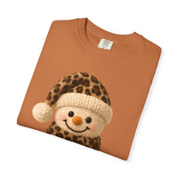 Cute Leopard Faux Knit Snowman Winter - Comfort Colors | Trendy Women's T-Shirt. Direct to Garment. Printed & Shipped in the USA. Unisex Sizes.