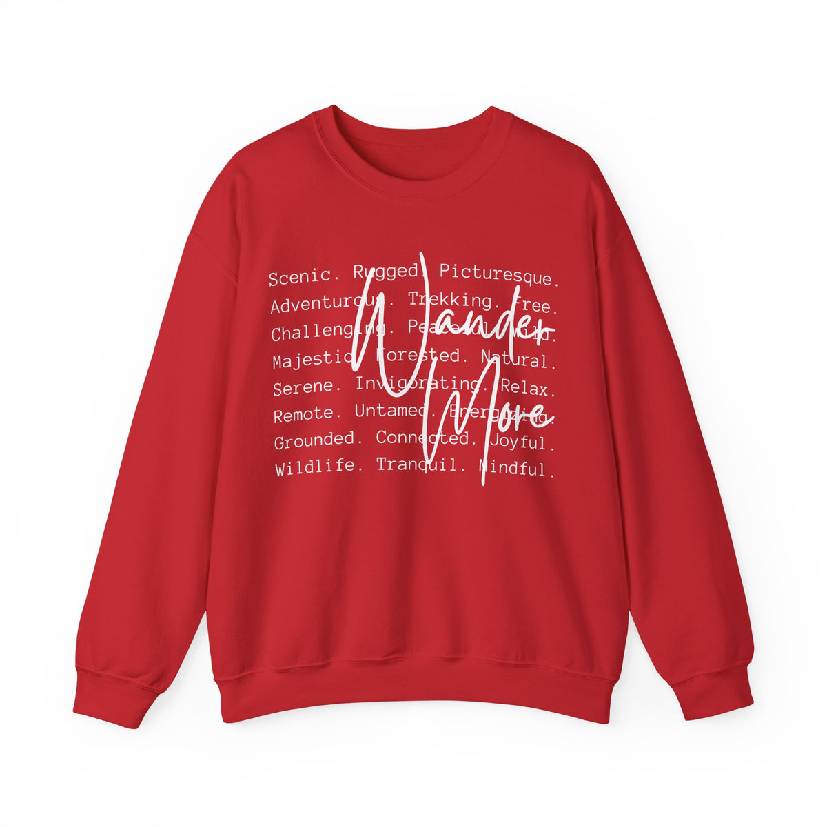 Wander More, Scenic Adventure Typography – Gildan Heavy Blend | Trendy Men's and Women’s Soft Sweatshirt. Direct to Garment. Printed & Shipped in the USA. Unisex Sizes.