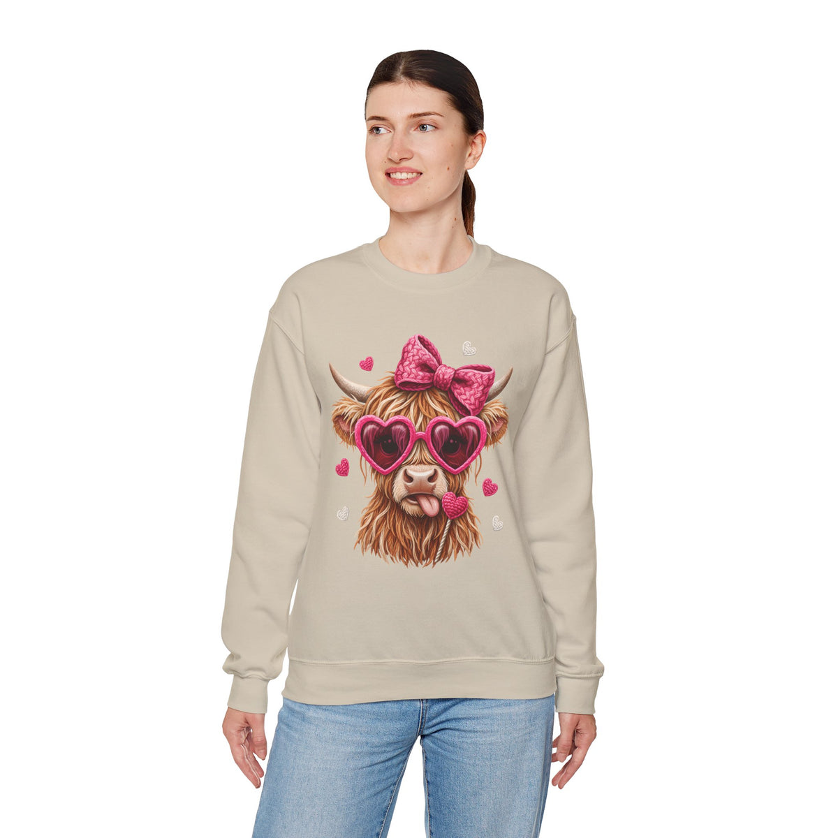 Highland Cow - Pink Heart Shaped Glasses – Gildan Heavy Blend | Trendy Women’s Soft Sweatshirt. Direct to Garment. Printed & Shipped in the USA. Unisex Sizes.