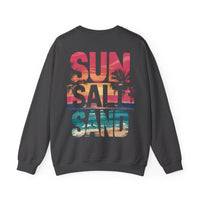 Sun Salt Sand, Beach Sunset - Front & Back Print – Gildan Heavy Blend | Trendy Women’s and Men's Soft Sweatshirt. Direct to Garment. Printed & Shipped in the USA. Unisex Sizes.