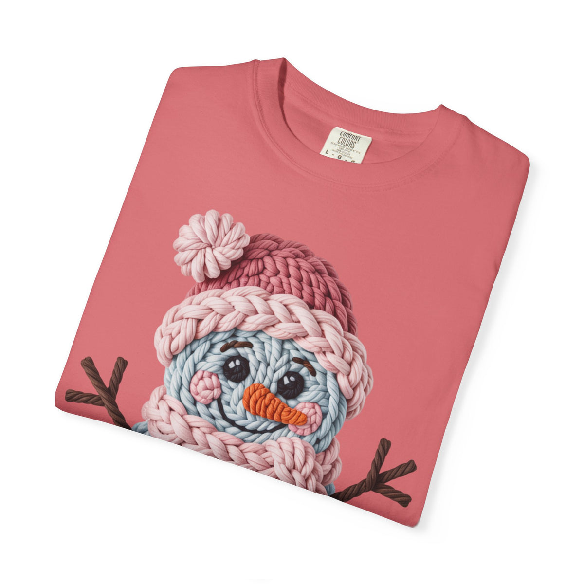 Cute Yarn Snowman - Pink Scarf - Comfort Colors | Trendy Women's T-Shirt. Direct to Garment. Printed & Shipped in the USA. Unisex Sizes.