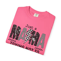 Just a Mama Out Here Trying Not To Raise Assholes - Comfort Colors | Trendy Women's T-Shirt. Direct to Garment. Printed & Shipped in the USA. Unisex Sizes.
