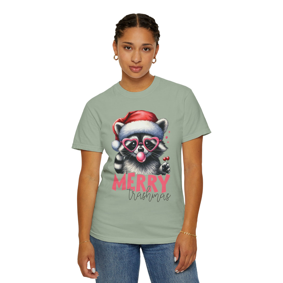 Merry Trashmas Bubblegum Raccoon w/Santa Hat Christmas - Comfort Colors | Trendy Women's T-Shirt. Direct to Garment. Printed & Shipped in the USA. Unisex Sizes.