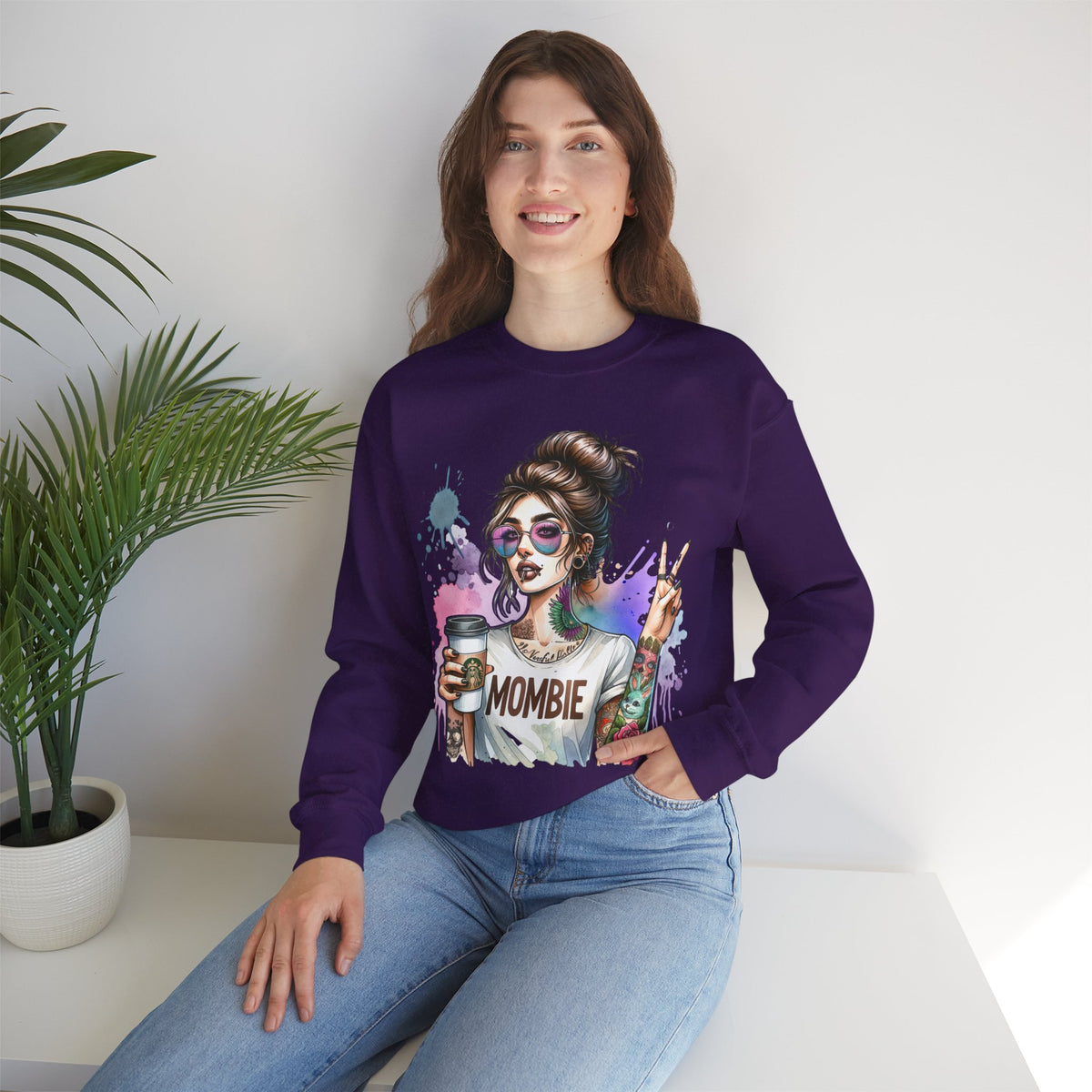 Cool Mombie with Coffee Peace Tattoo - Tired Mom – Gildan Heavy Blend | Trendy Women’s Soft Sweatshirt. Direct to Garment. Printed & Shipped in the USA. Unisex Sizes.
