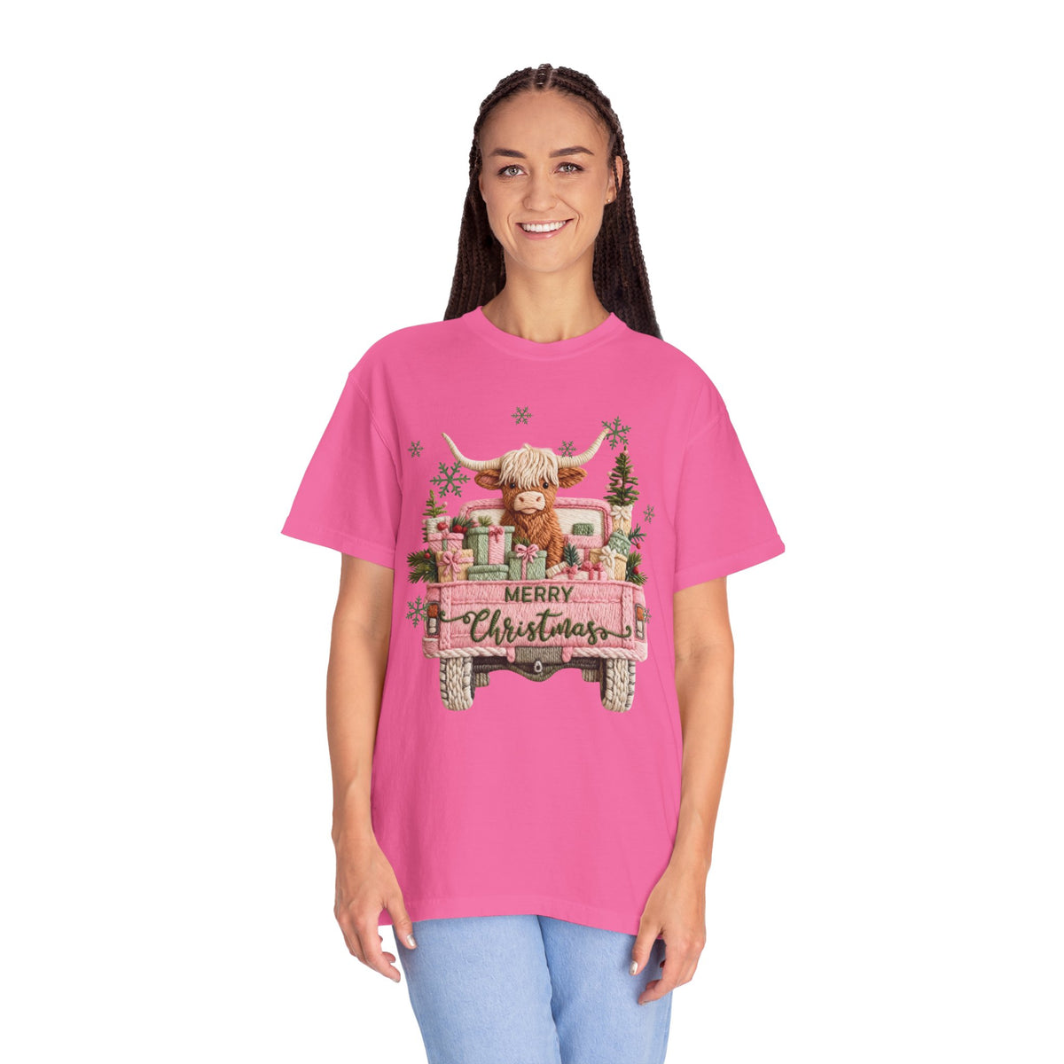 Highland Cow in Pink Truck Merry Christmas Holiday Farmhouse - Comfort Colors | Trendy Women's T-Shirt. Direct to Garment. Printed & Shipped in the USA. Unisex Sizes.