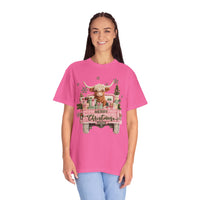 Highland Cow in Pink Truck Merry Christmas Holiday Farmhouse - Comfort Colors | Trendy Women's T-Shirt. Direct to Garment. Printed & Shipped in the USA. Unisex Sizes.