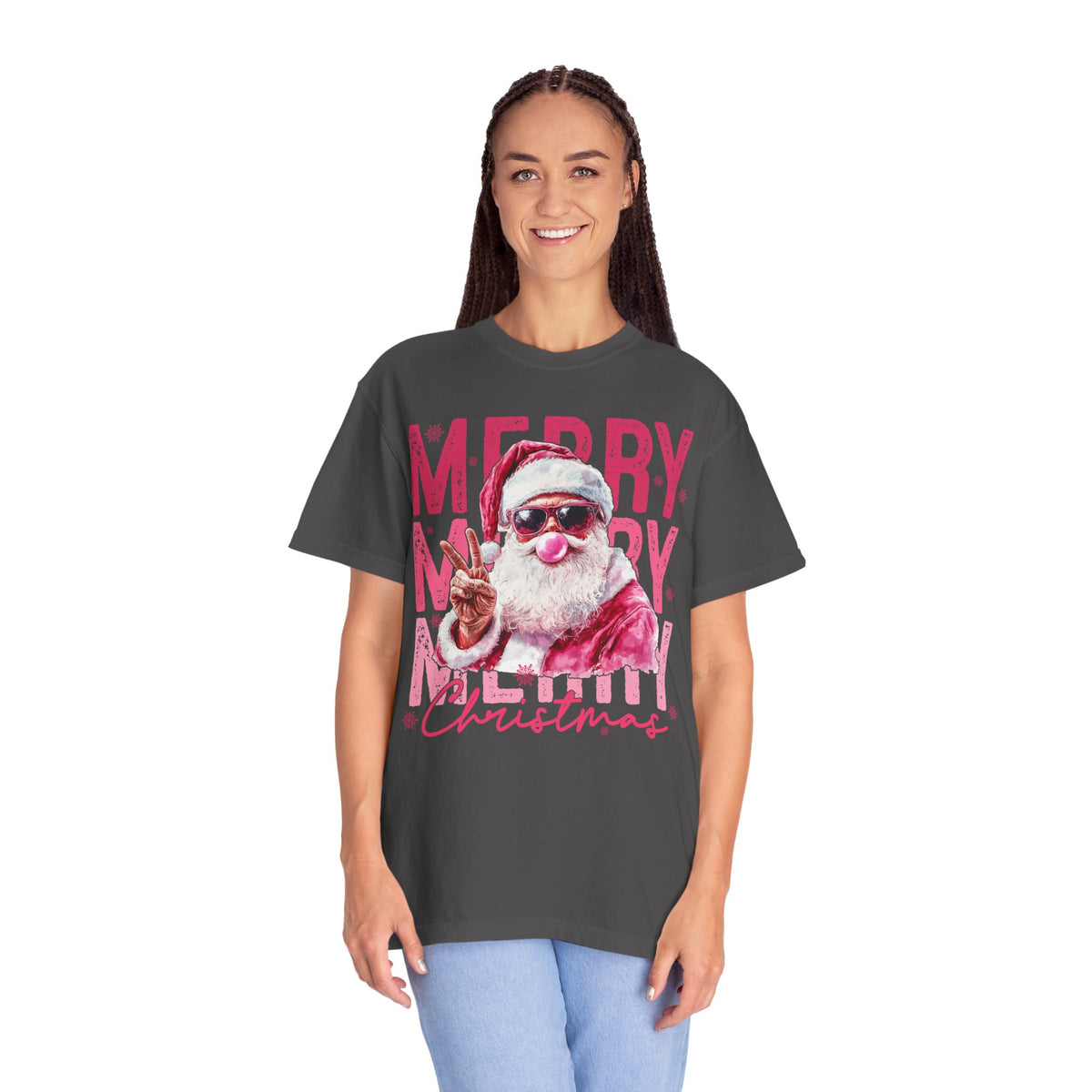 Pink Merry Christmas Bubblegum Santa - Comfort Colors | Trendy Women's T-Shirt. Direct to Garment. Printed & Shipped in the USA. Unisex Sizes.