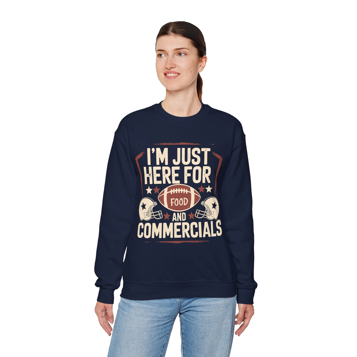 I'm Just Here for Food and Commercials – Gildan Heavy Blend | Trendy Women’s and Men's Soft Sweatshirt. Direct to Garment. Printed & Shipped in the USA. Unisex Sizes.