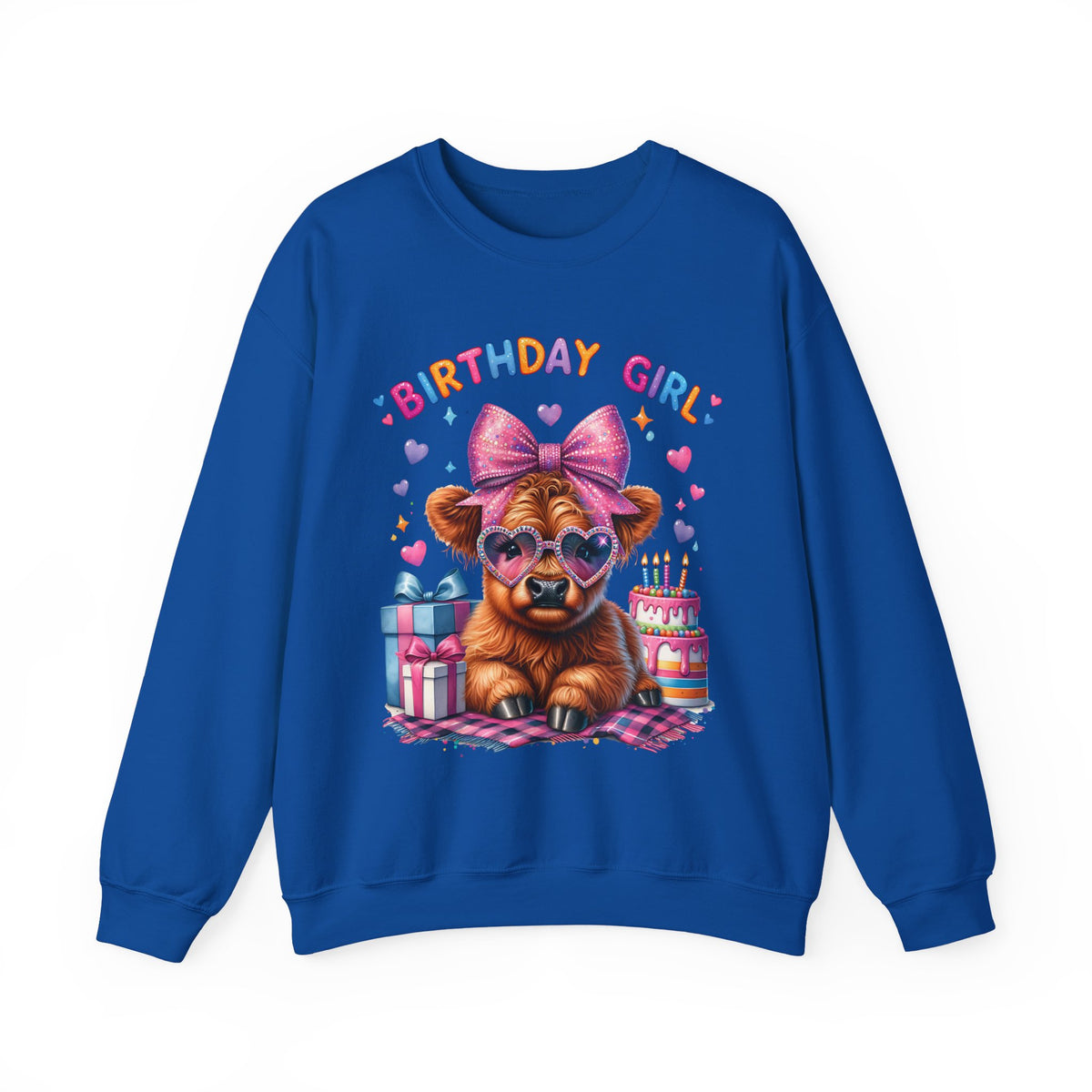 Birthday Girl, Highland Cow – Gildan Heavy Blend | Trendy Women’s Soft Sweatshirt. Direct to Garment. Printed & Shipped in the USA. Unisex Sizes.