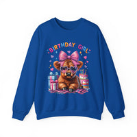 Birthday Girl, Highland Cow – Gildan Heavy Blend | Trendy Women’s Soft Sweatshirt. Direct to Garment. Printed & Shipped in the USA. Unisex Sizes.