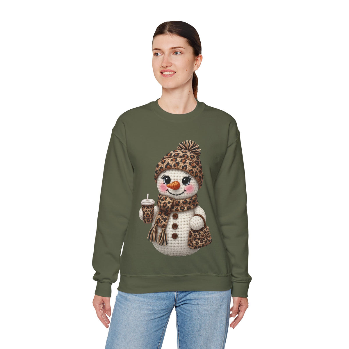 Leopard Snowman - Leopard Purse, Drink, Hat & Scarf – Gildan Heavy Blend | Trendy Women’s Soft Sweatshirt. Direct to Garment. Printed & Shipped in the USA. Unisex Sizes.