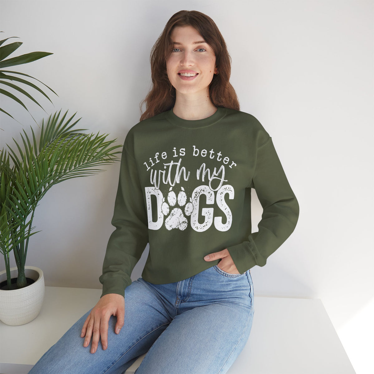 Life Is Better With My Dogs, Distressed – Gildan Heavy Blend | Trendy Women’s and Men's Soft Sweatshirt. Direct to Garment. Printed & Shipped in the USA. Unisex Sizes.