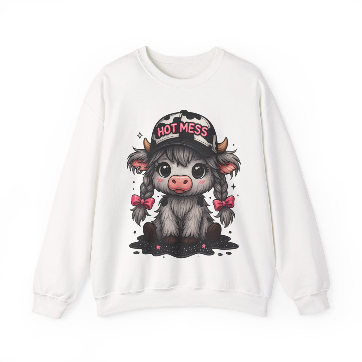 Cute Highland Cow 'Hot Mess' In Braids – Gildan Heavy Blend | Trendy Women’s Soft Sweatshirt. Direct to Garment. Printed & Shipped in the USA. Unisex Sizes.