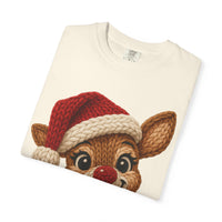 Cute Rudolph Faux Knit Look Reindeer w/Santa Hat - Comfort Colors | Trendy Women's T-Shirt. Direct to Garment. Printed & Shipped in the USA. Unisex Sizes.