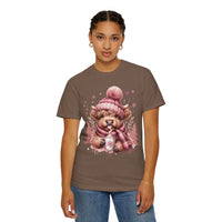 Cozy Highland Cow, Winter Coffee Mug & Scarf - Comfort Colors | Trendy Women's T-Shirt. Direct to Garment. Printed & Shipped in the USA. Unisex Sizes.