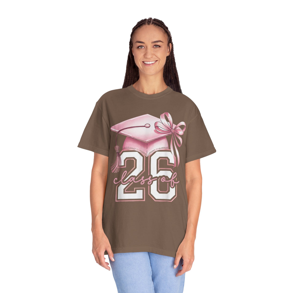 Pink Coquette, Class of 2026 Graduation Cap - Comfort Colors | Trendy Women's T-Shirt. Direct to Garment. Printed & Shipped in the USA. Unisex Sizes.