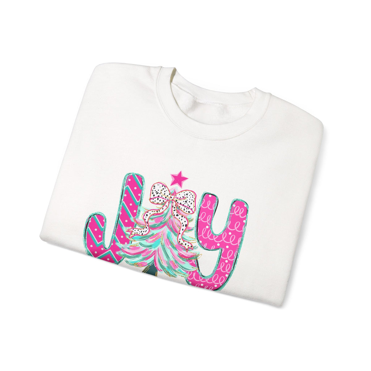 Joy to the World w/Christmas Tree Pink and Teal – Gildan Heavy Blend | Trendy Women’s Soft Sweatshirt. Direct to Garment. Printed & Shipped in the USA. Unisex Sizes.