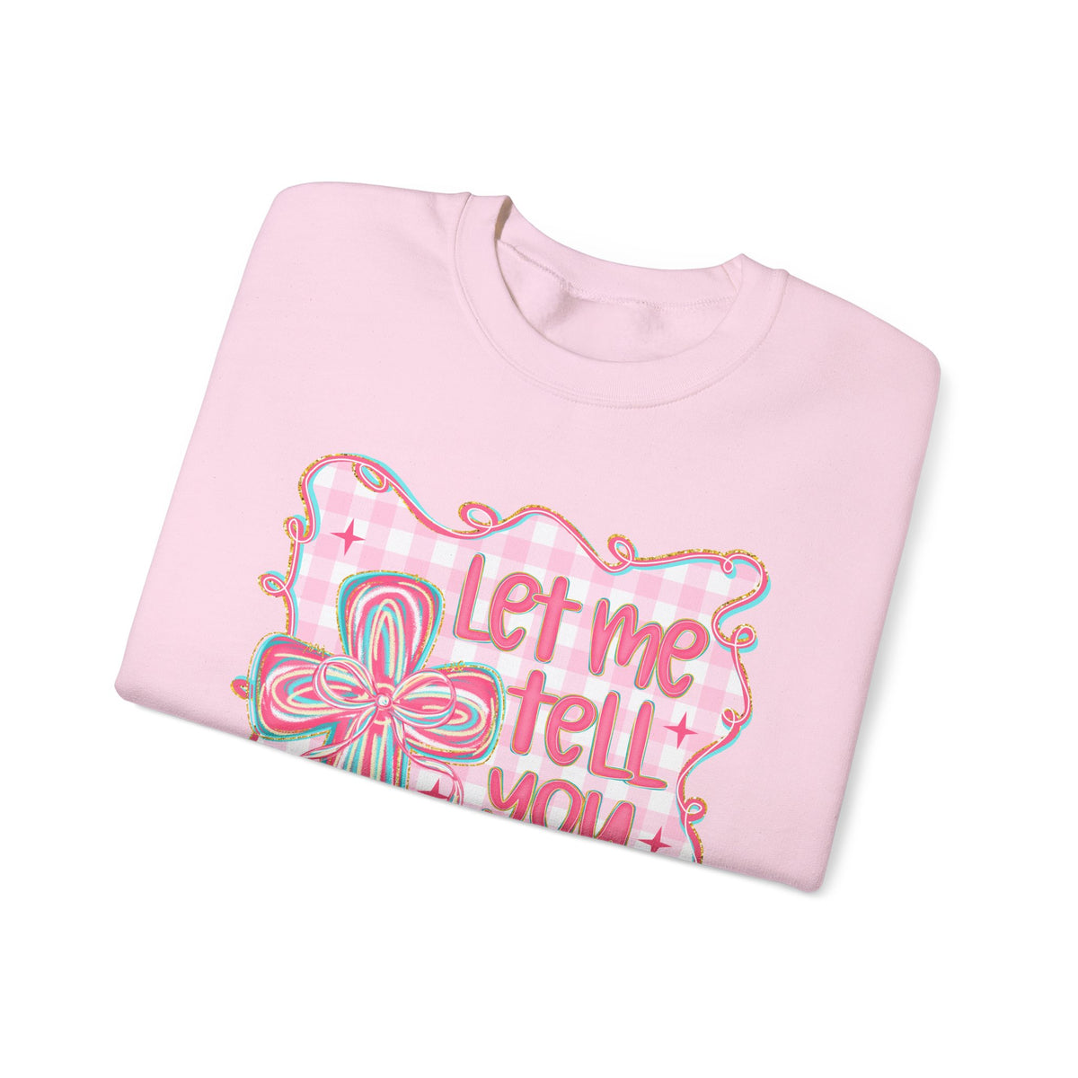 Let Me Tell You About My Jesus, Pink and Green – Gildan Heavy Blend | Trendy Women’s Soft Sweatshirt. Direct to Garment. Printed & Shipped in the USA. Unisex Sizes.