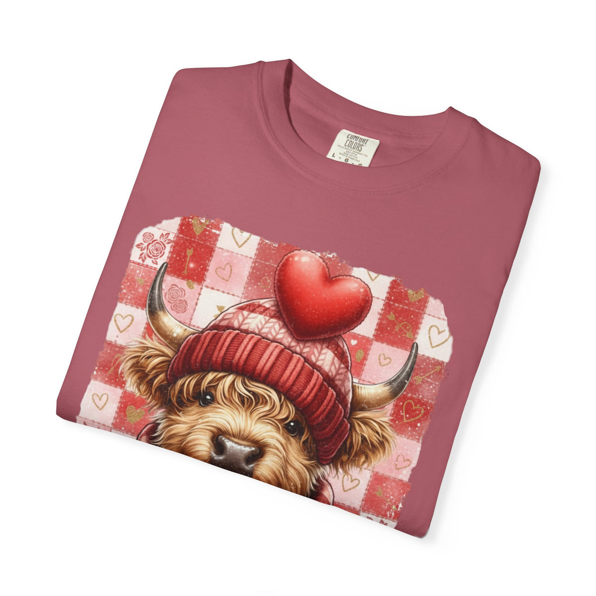 Highland Cow Be Mine, Red Checkered - Comfort Colors | Trendy Women's T-Shirt. Direct to Garment. Printed & Shipped in the USA. Unisex Sizes.