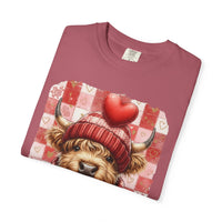 Highland Cow Be Mine, Red Checkered - Comfort Colors | Trendy Women's T-Shirt. Direct to Garment. Printed & Shipped in the USA. Unisex Sizes.