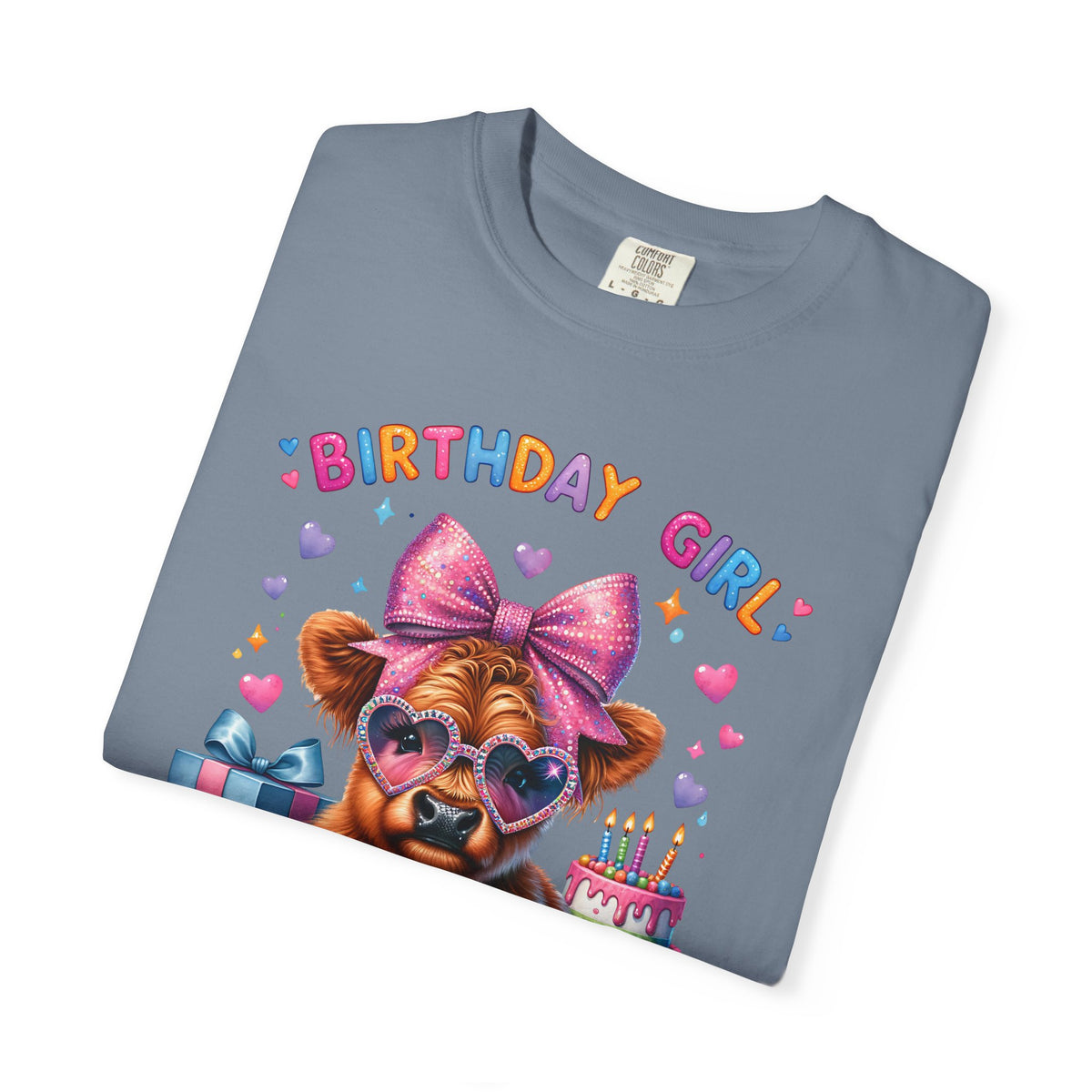 Birthday Girl, Highland Cow - Comfort Colors | Trendy Women's T-Shirt. Direct to Garment. Printed & Shipped in the USA. Unisex Sizes.