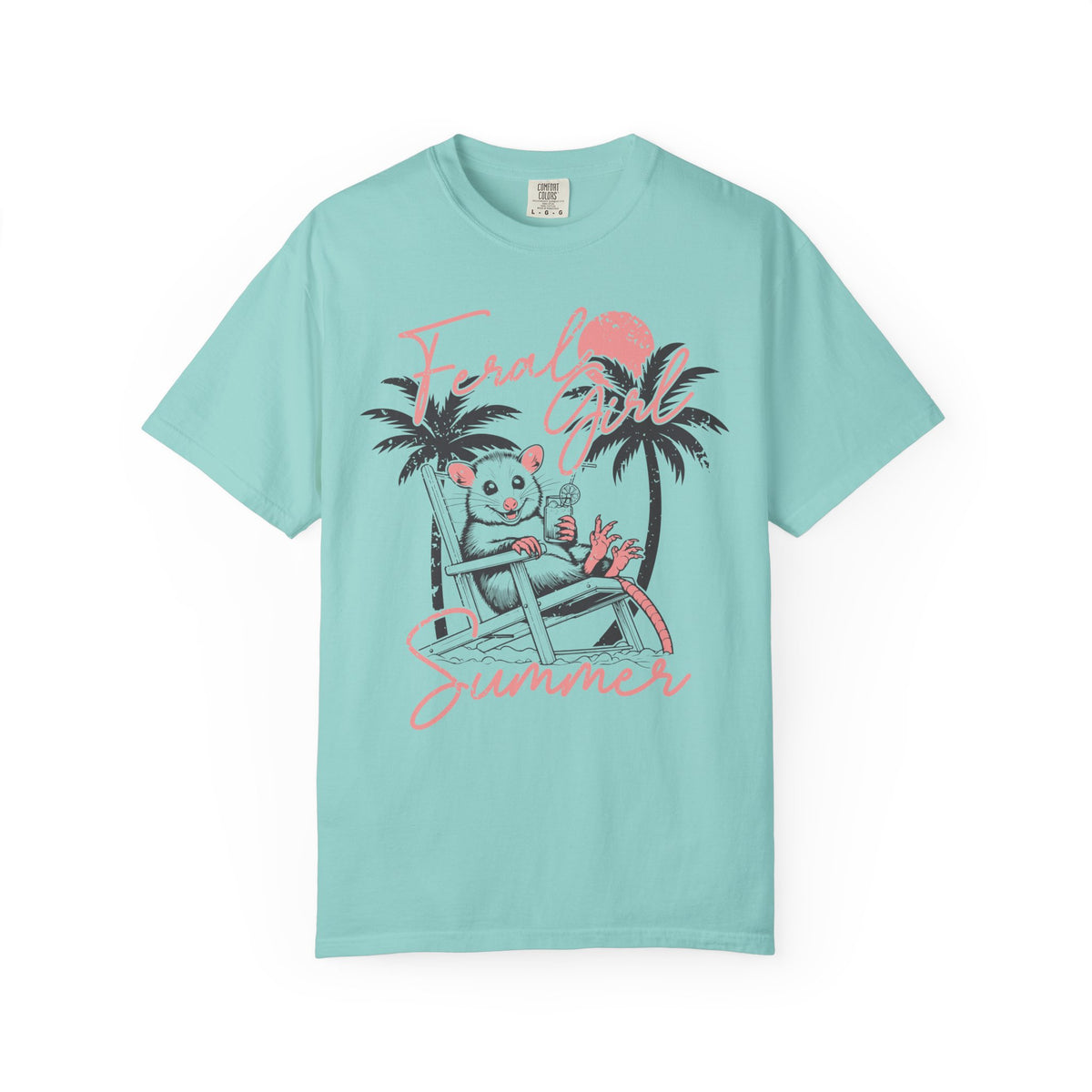 Feral Girl Summer, Possum on a Beach - Comfort Colors | Trendy Women's T-Shirt. Direct to Garment. Printed & Shipped in the USA. Unisex Sizes.