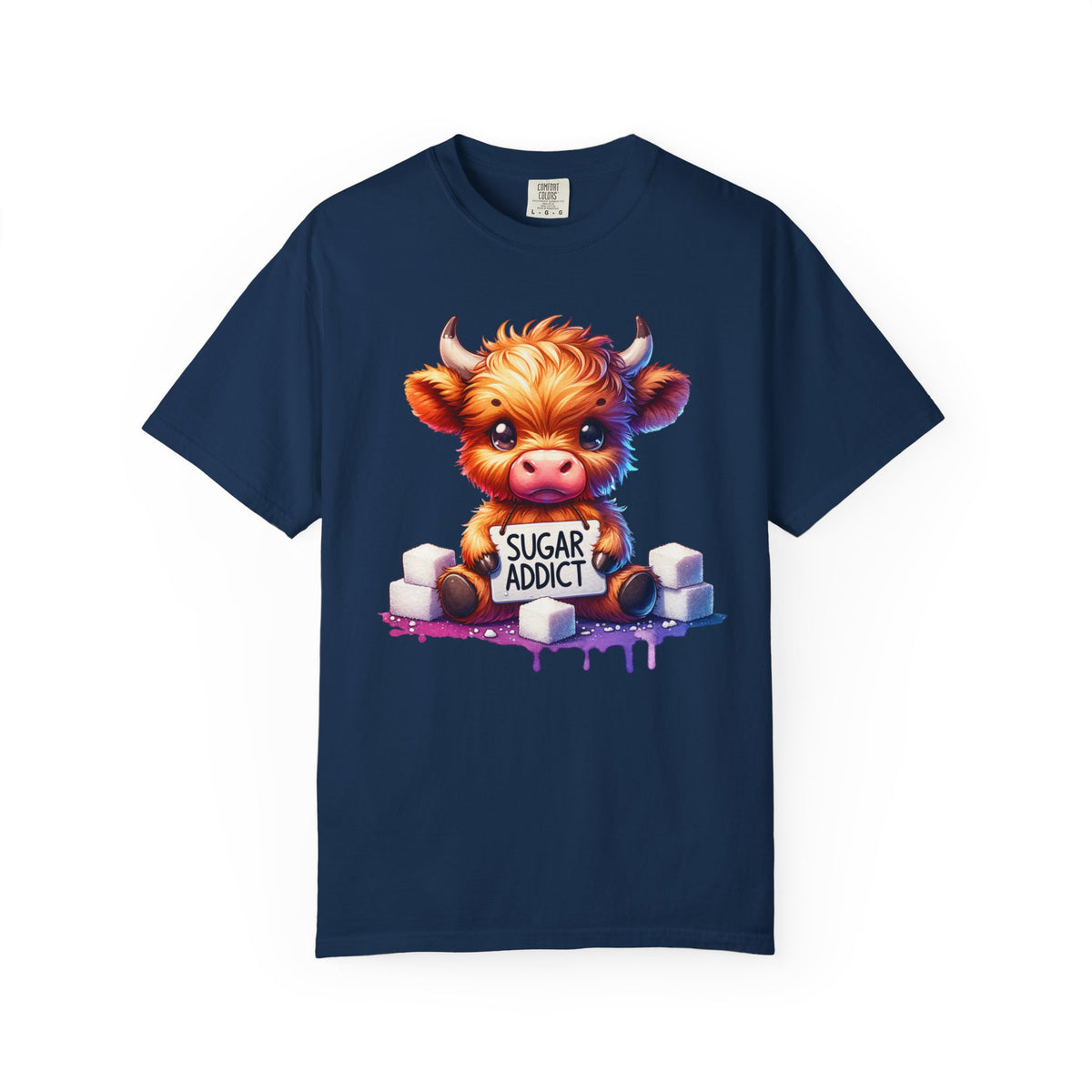 Sugar Addict Highland Cow - Comfort Colors | Trendy Women's T-Shirt. Direct to Garment. Printed & Shipped in the USA. Unisex Sizes.