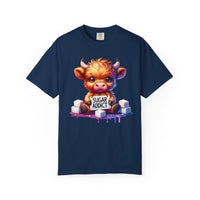 Sugar Addict Highland Cow - Comfort Colors | Trendy Women's T-Shirt. Direct to Garment. Printed & Shipped in the USA. Unisex Sizes.