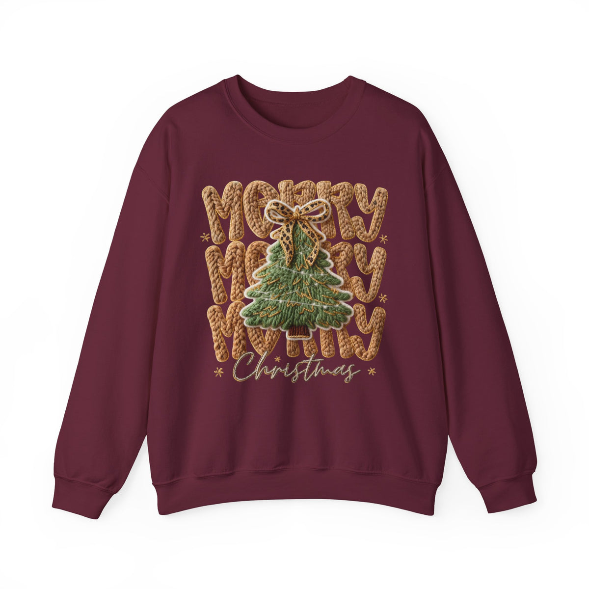 Merry Merry Merry Christmas, Faux Latch Hook Yarn – Gildan Heavy Blend | Trendy Women’s Soft Sweatshirt. Direct to Garment. Printed & Shipped in the USA. Unisex Sizes.