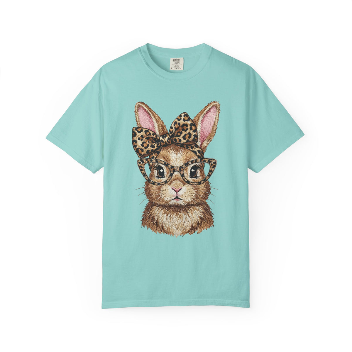 Bunny with Leopard Bow and Glasses - Comfort Colors | Trendy Women's T-Shirt. Direct to Garment. Printed & Shipped in the USA. Unisex Sizes.